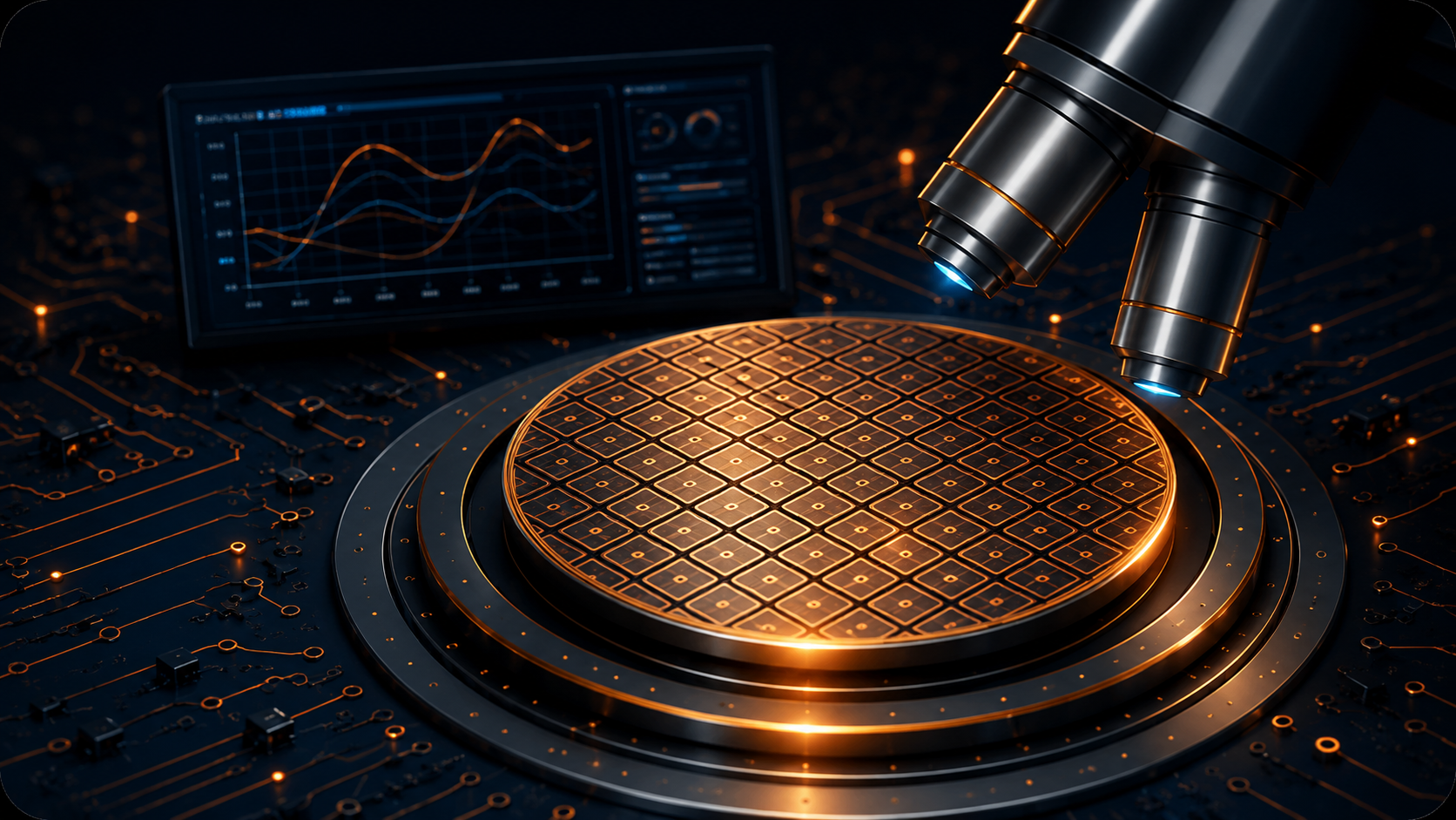 Semiconductor wafer inspected under laboratory microscope